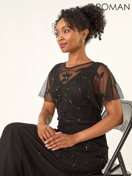 Roman Black Petite Embroidered Mesh Layered Dress (V27922) | €113