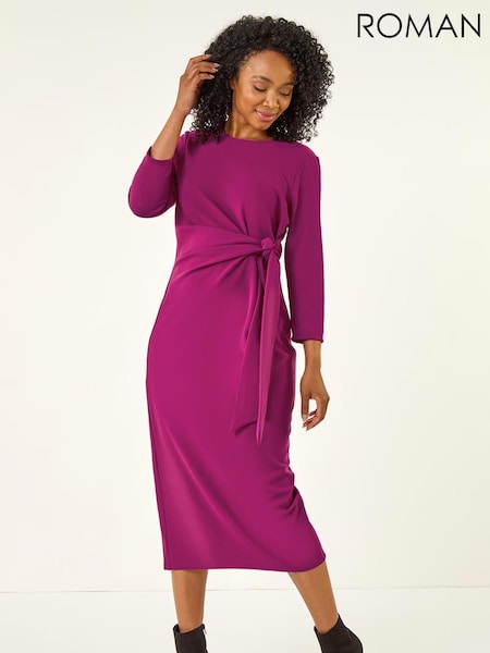 Vermelho - Roman Tie Waist Stretch Midi Dress (V27936) | R$ 545