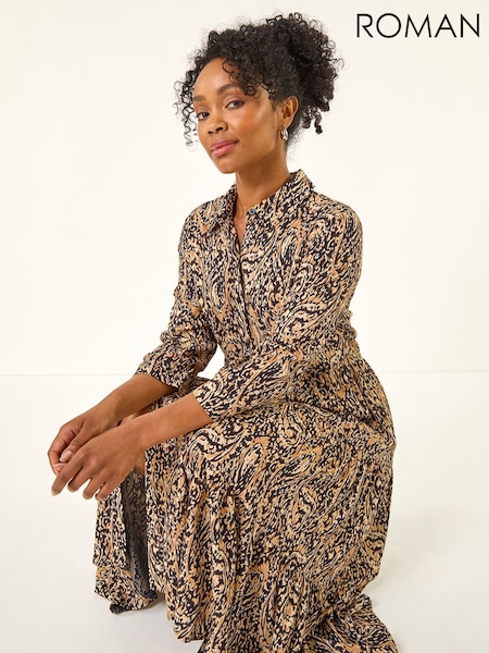 Roman Black Petite Abstract Print Tiered Midi Dress (V27940) | €64
