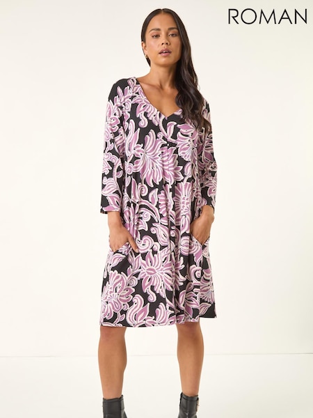 Roman Black Petite V-Neck Swing Dress (V27946) | €71