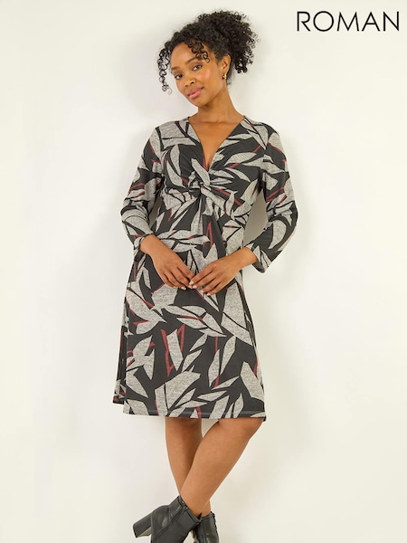 Roman Black Petite Floral Print Twist Front Dress (V27959) | R$ 485