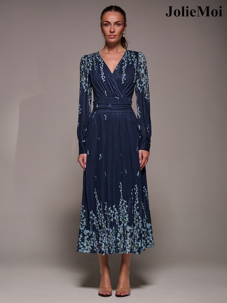 Jolie Moi Sky Blue Long Sleeve Printed Mesh Midaxi Dress (V28211) | 440 QAR