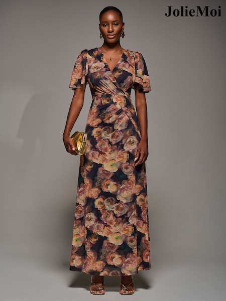 Jolie Moi Orange Angel Sleeve Draped Mesh Maxi Dress (V28212) | €112