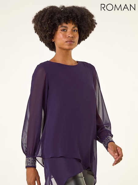 Roman Purple Embellished Detail Layered Tunic Top (V28225) | R$ 545