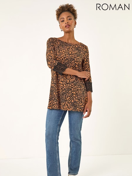 Roman Orange Lace Cuff Printed Stretch Tunic Top (V28229) | R$ 435