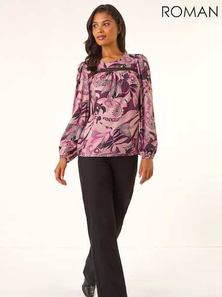 Roman Pink Printed Trim Stretch Blouse (V28238) | €45