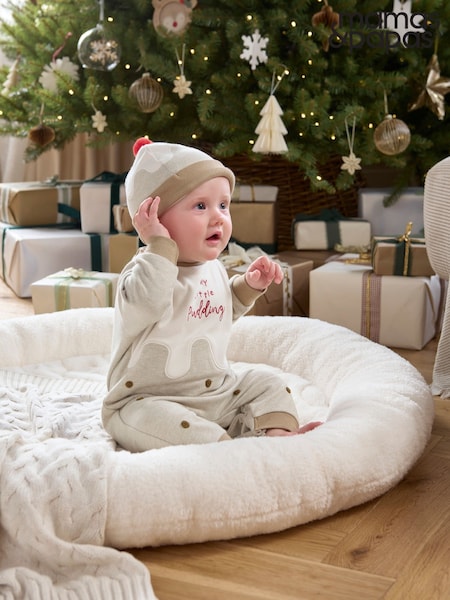 Mamas & Papas My Little Pudding Christmas Brown Romper & Hat Set (V28345) | €40