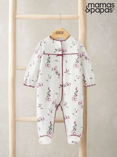 Mamas & Papas Winter Berry Print Christmas White Sleepsuit (V28353) | €25