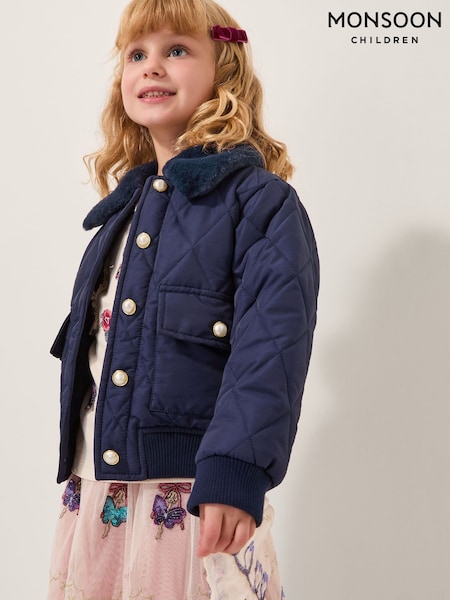 Monsoon Blue Faux Fur Collar Quilted Bomber Jacket (V28912) | 223 QAR - 272 QAR