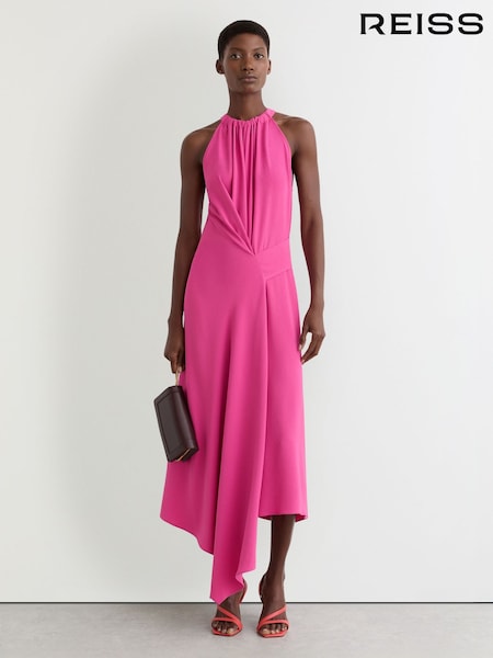 Reiss Raspberry Pink Maeve Drape-Detail Sleeveless Midi Dress (V29043) | AED1,296