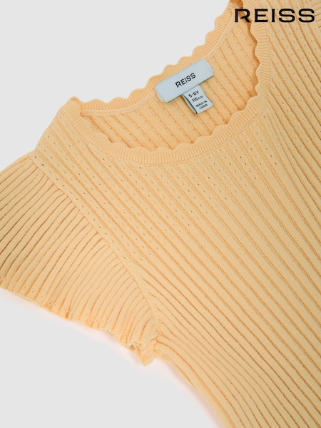 Reiss Lemon Yellow Ida Pointelle Rib-Knit Frill-Sleeve Top (V29047) | AED317