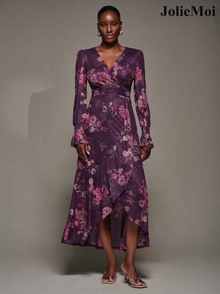 Jolie Moi Purple Long Sleeve Frill Hem Mesh Maxi Dress (V29311) | €108