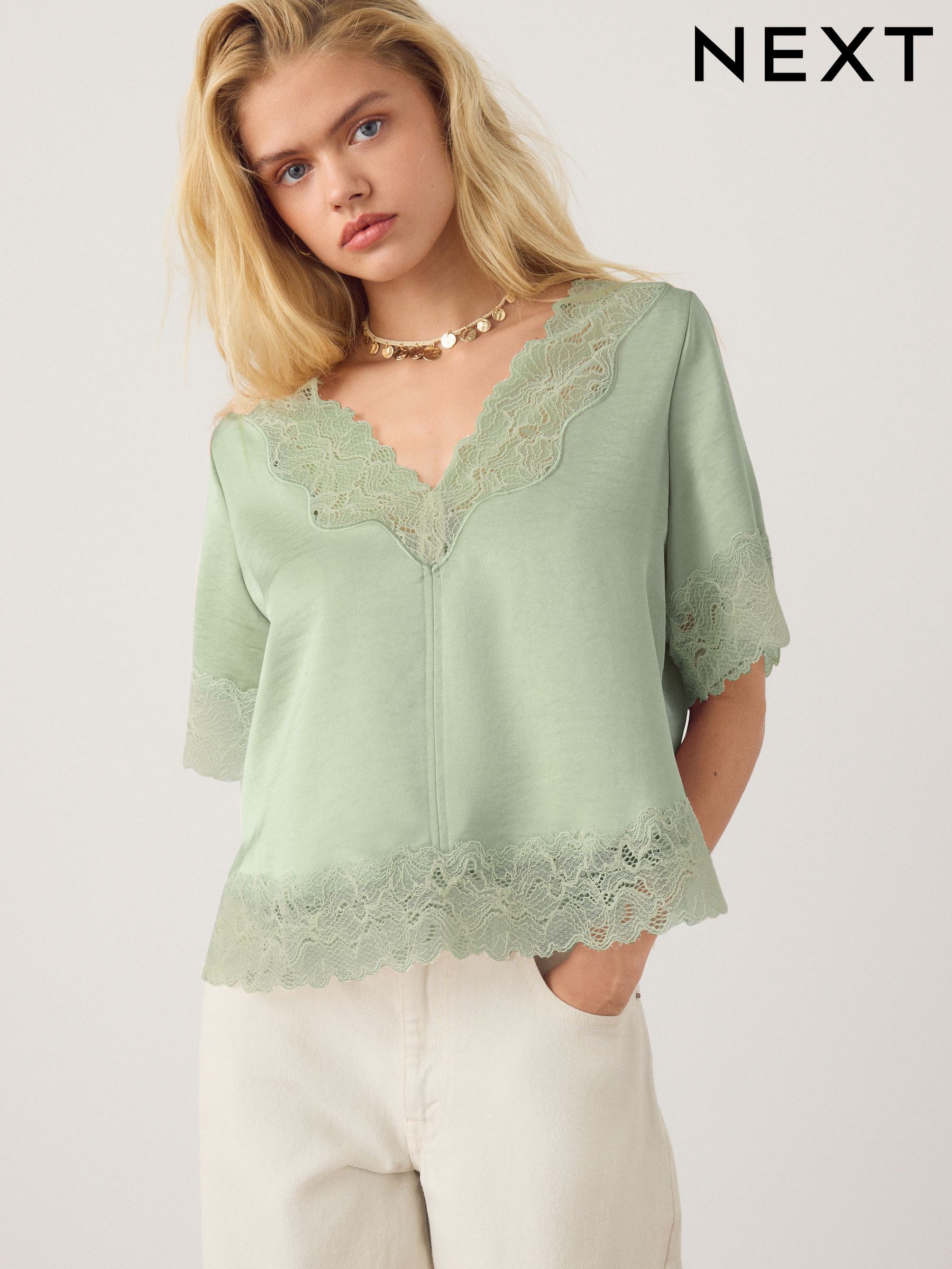 Buy Women's Blouses Green Lace Online | Next Oman