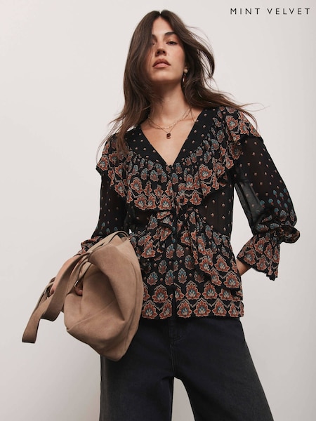 Mint Velvet Black Retro Print Ruffle Blouse (V29430) | €126