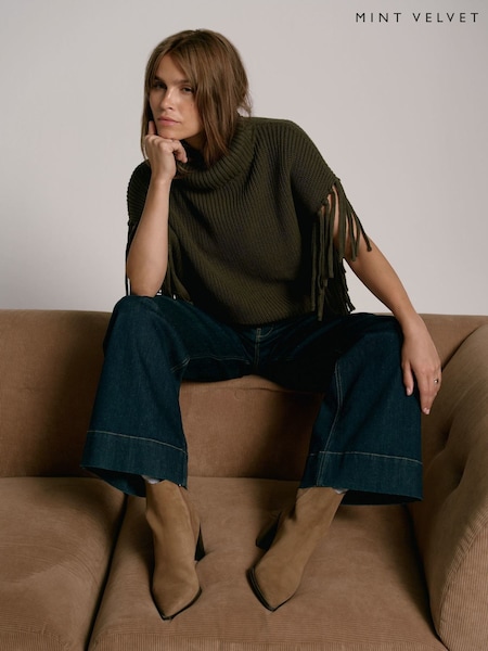 Mint Velvet Green Fringed Knit Poncho (V29441) | AED518