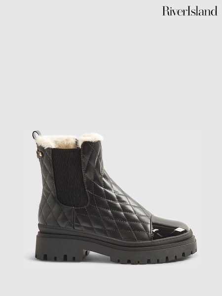 River Island Black Fur Lined Quilted Chelsea Boots (V29469) | €73