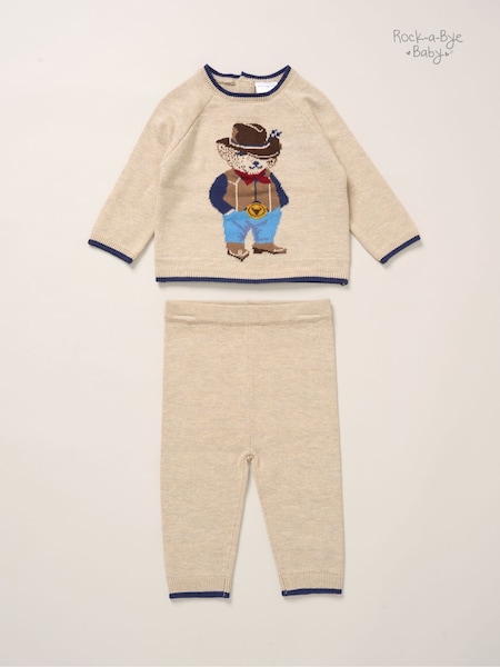 Rock-A-Bye Baby Boutique True Knit Cowboy Bear Jumper and Trousers Outfit Brown Set (V29490) | AED140