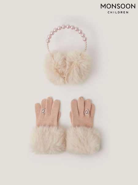 Monsoon Pink Pearly Faux Fur Earmuffs & Gloves Set (V29633) | AED178 - AED185