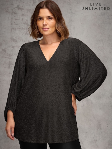 Live Unlimited Black Blouson Sleeve Sparkle Jersey Tunic (V29646) | $133