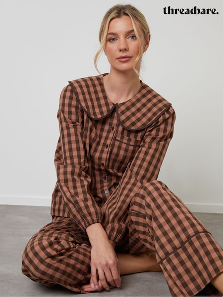 Threadbare Brown Check Peter Pan Collar Long Pyjamas Set (V29756) | €43