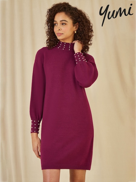 Yumi Red Pearl Detail Knitted Relaxed Jumper Dress (V29828) | €69