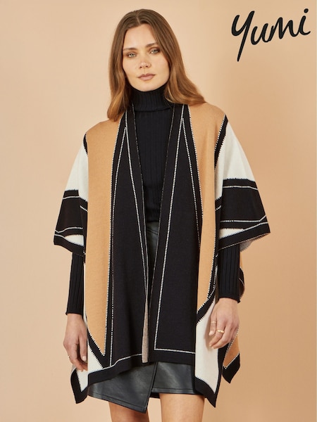 Yumi Brown Colour Block Cape Poncho (V29832) | €63