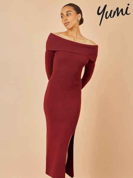 Yumi Red Bardot Knitted Fitted Midi Dress (V29835) | €77