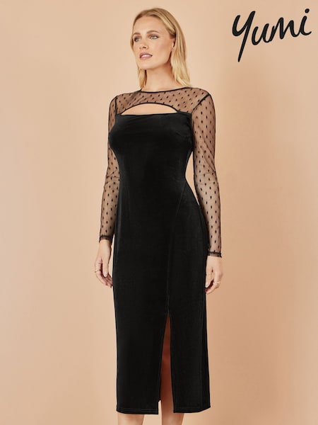 Yumi Black Velvet Midi Dress With Slash Neckline and Sheer Sleeves (V29845) | €77