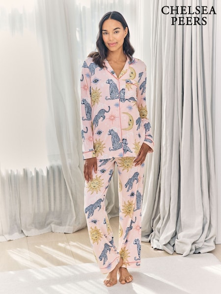 Chelsea Peers Pink Maternity Celestial Leopard Print Button Up Long Pyjamas Set (V30035) | R$ 445