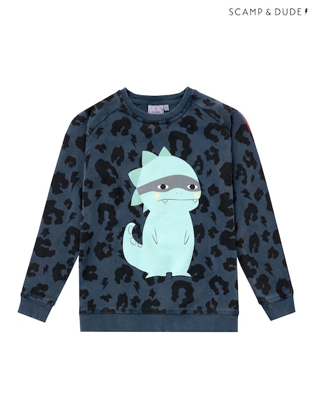 SCAMP & DUDE Blue Kids Classic Sweatshirt Leopard & Lightning Bolt Dino Graphic (V30075) | AED210