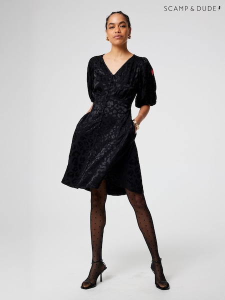 SCAMP & DUDE Black Puff Sleeve Short Tea Dress Leopard Jacquard (V30081) | R$ 890
