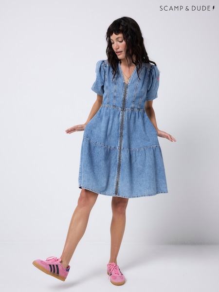 SCAMP & DUDE Denim Zip Front Short Tiered Dress (V30116) | R$ 1.135