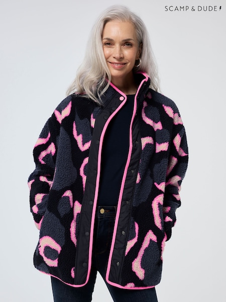 SCAMP & DUDE Blue Funnel Neck Button Through Fleece Jacket Mega Shadow Leopard & Lightning Bolt (V30161) | AED670