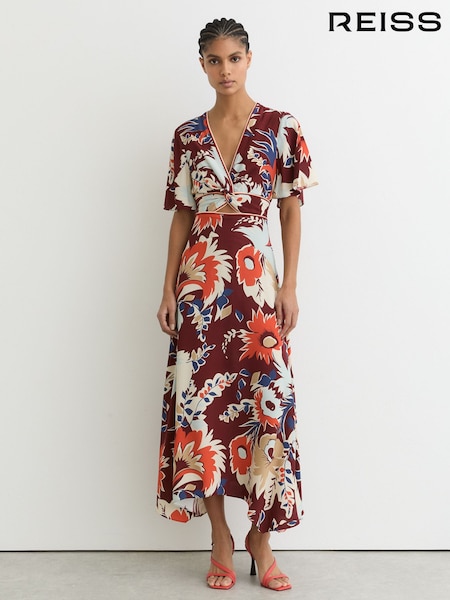 Reiss Burgundy Asha Floral-Print Cut-Out Midi Dress (V30341) | AED1,858