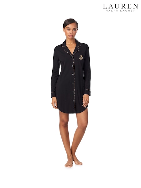 Lauren Ralph Lauren Black Cotton Knit Notch Collar Sleepshirt (V30464) | €126