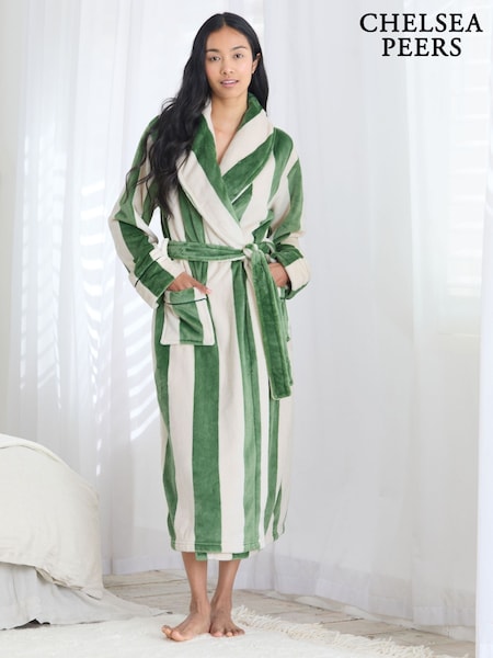 Chelsea Peers Brown Fleece Stripe Dressing Gown - Green (V30654) | €79