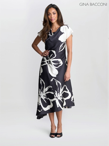Gina Bacconi Maude Floral Print Asymmetrical Midi Black Dress (V30833) | R$ 2.170