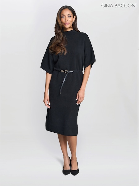 Gina Bacconi Alaura Belted Knit Midi Black Dress (V30837) | R$ 1.480