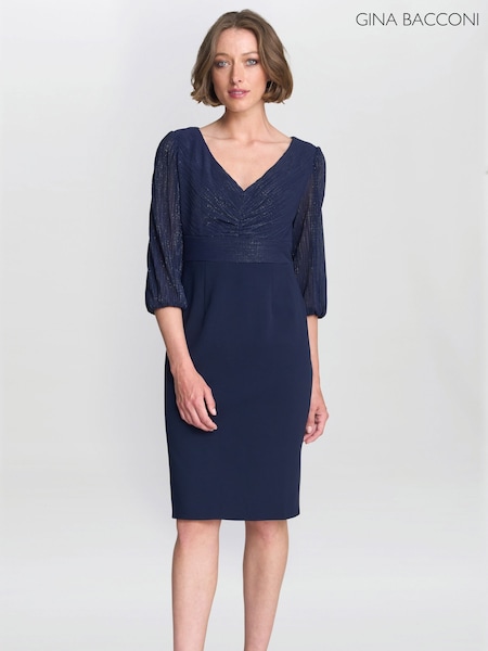 Gina Bacconi Blue Britney Metallic Pleated Bodic Dress (V30839) | 452 €