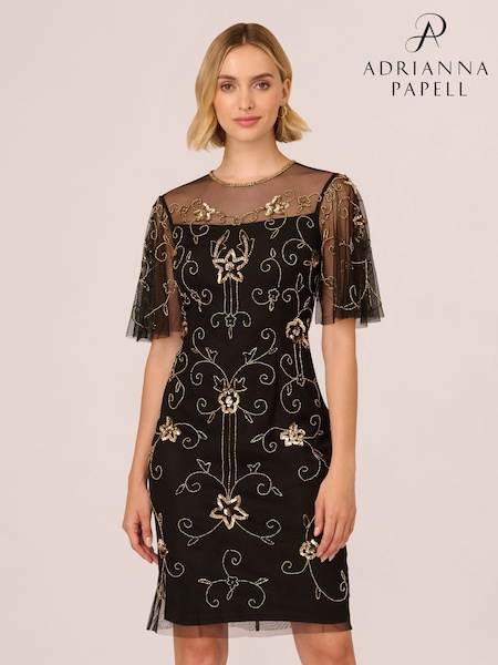 Adrianna Papell Studio Beaded Illusion Neck Black Dress (V30862) | € 183