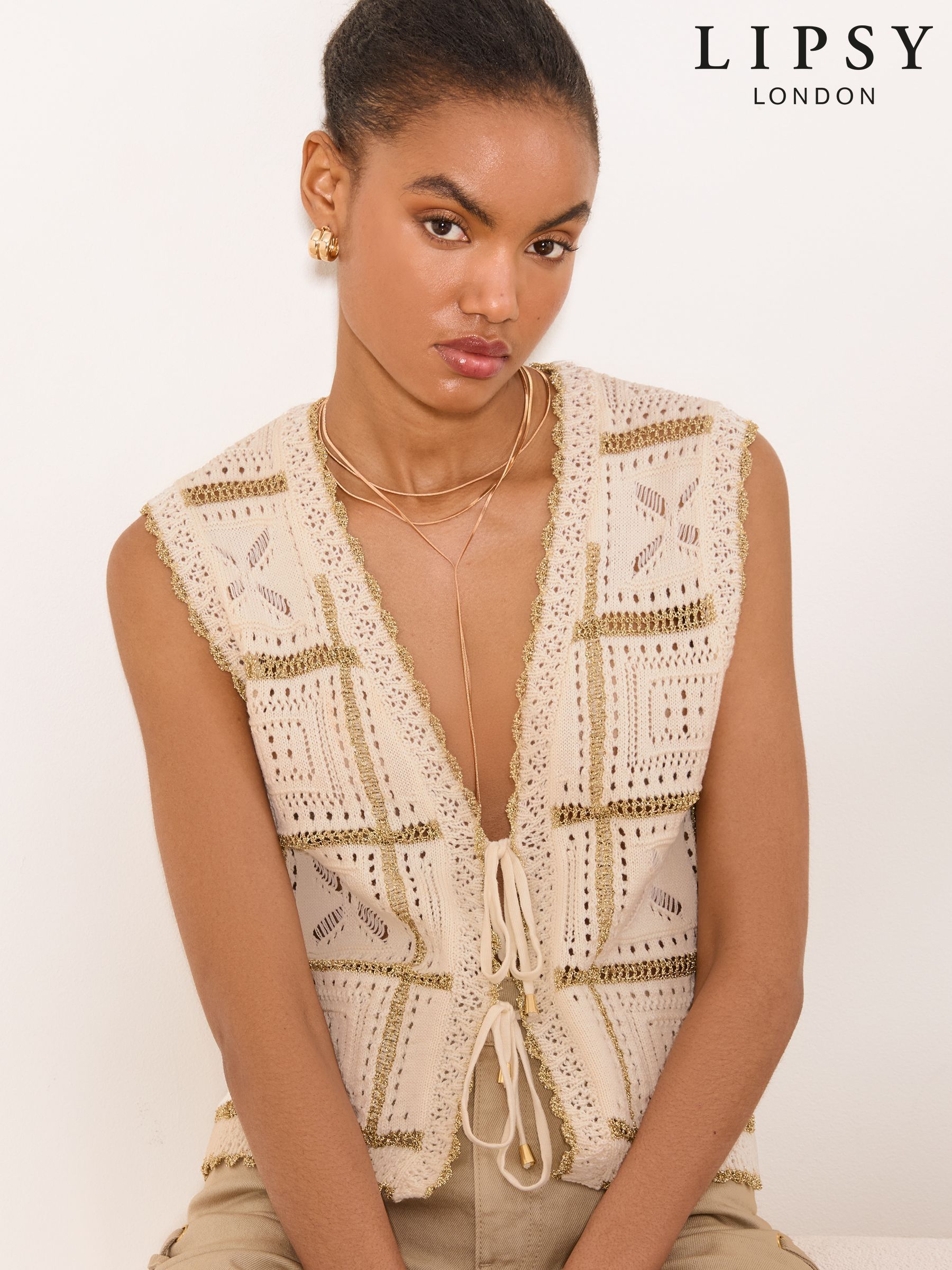 Buy Women's Tops Cream Crochet Sleeveless Online | Next USA