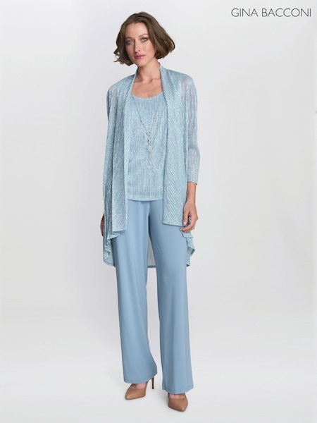 Gina Bacconi Blue Tina Three Piece Metallic Crinkle Jacket, Vest and Trouser Set (V30966) | R$ 2.565