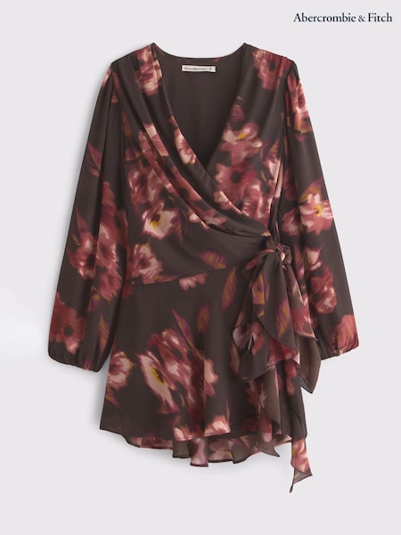 Abercrombie & Fitch Brown Long Sleeve Floral Plunge Wrap Mini Dress (V31308) | €93