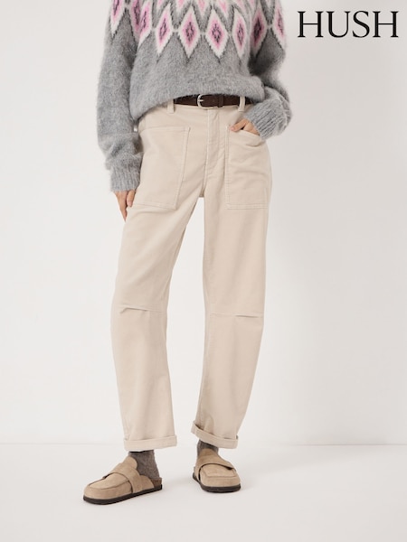 أبيض صخري - Hush Corduroy Cordi Barrel Leg Trousers (V31352) | ‏572 ر.ق.