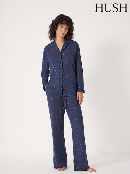 Hush Blue Ribbed Modal Star Printed Pyjamas (V31398) | 390 QAR