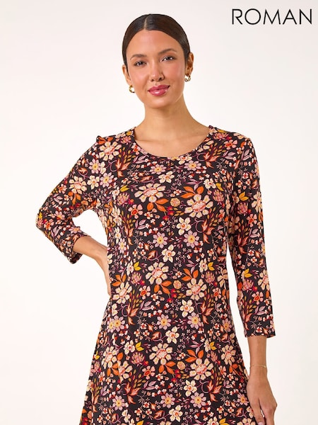 Roman Orange Floral Print Jersey Tunic Top (V31432) | R$ 435