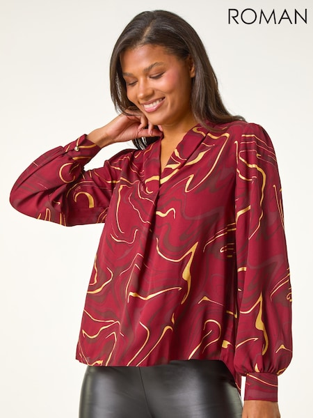 Roman Red Marble Foil V-Neck Blouse (V31433) | €56