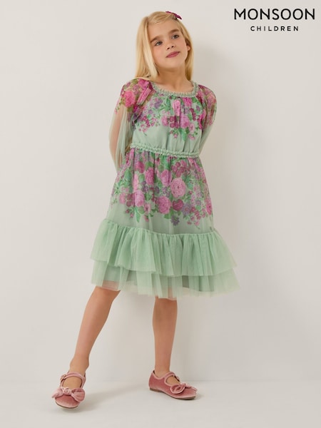 Monsoon Green Nadia Long Sleeve Floral Tulle Party Dress (V31503) | 238 QAR - 287 QAR