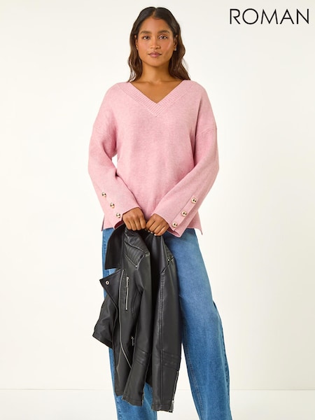 Roman Pink Button Detail V-Neck Jumper (V31564) | €58