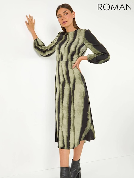 Roman Green Shadow Stripe Print Midi Dress (V31566) | €97